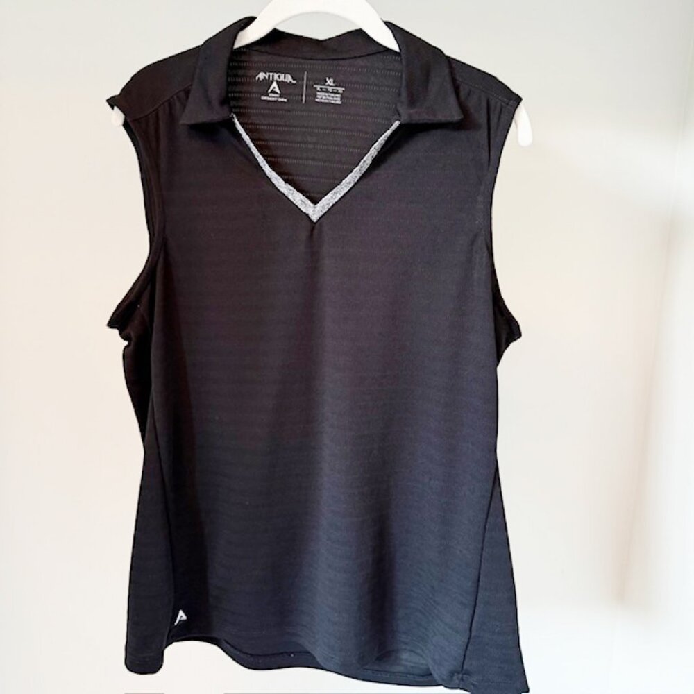 Antigua Sleeveless Black Golf Shirt with Gray Marled Collar/Back Detail, Size XL